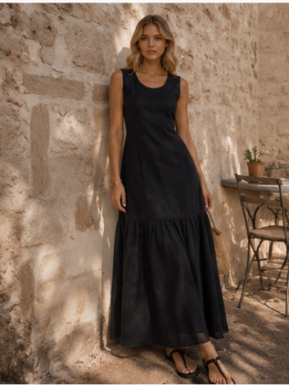 Sleeveless Black Maxi Dress with Tiered Skirt - Picture 4 of 11